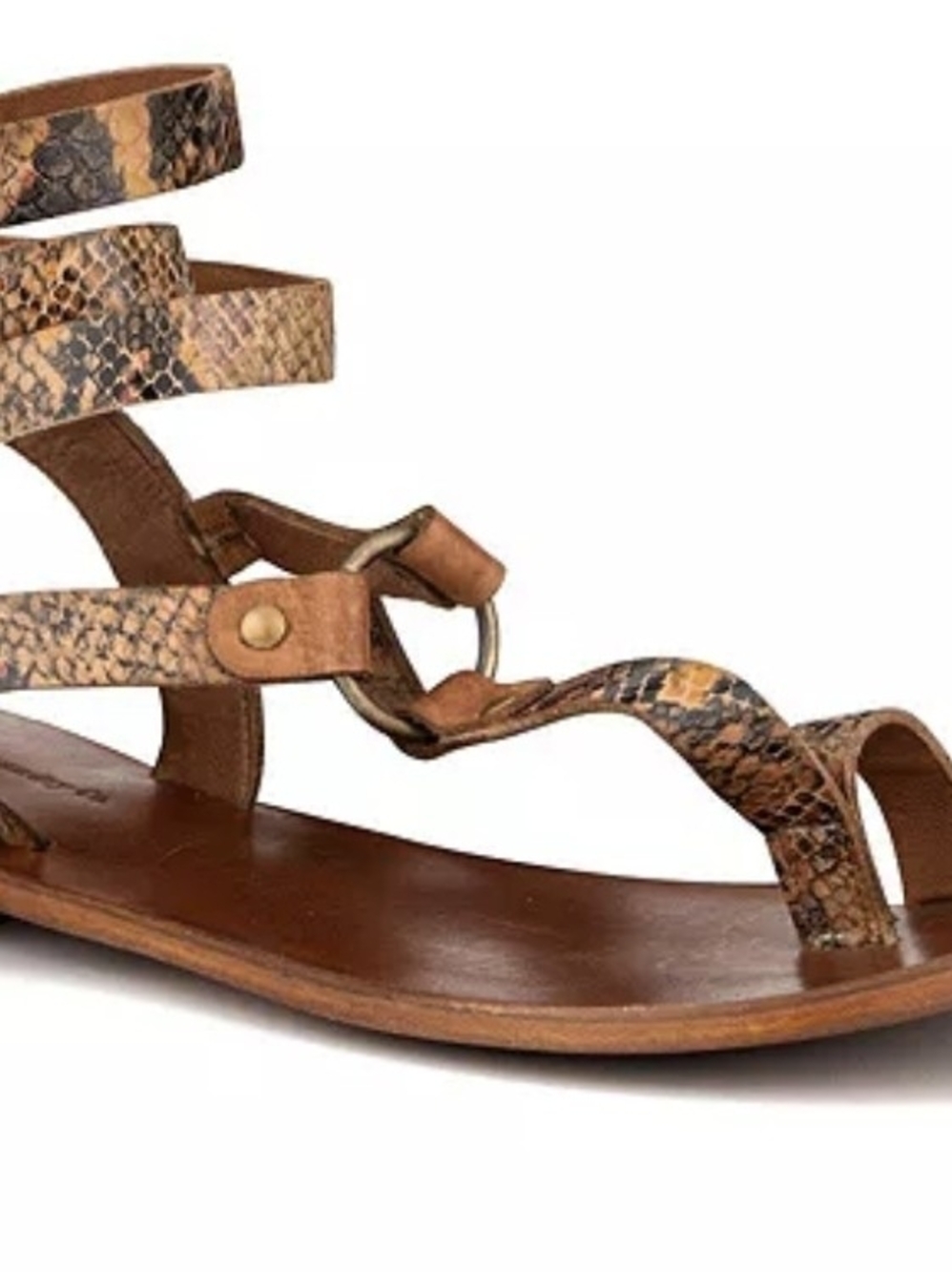 Women’s Snake-Print Brown Ankle Wrap Sandals